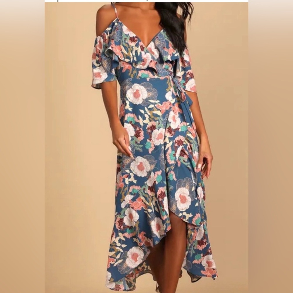 Lulus Fully Bloomed Blue Floral Print Off-the-Shoulder MIDI/ Maxi Wrap Dress New